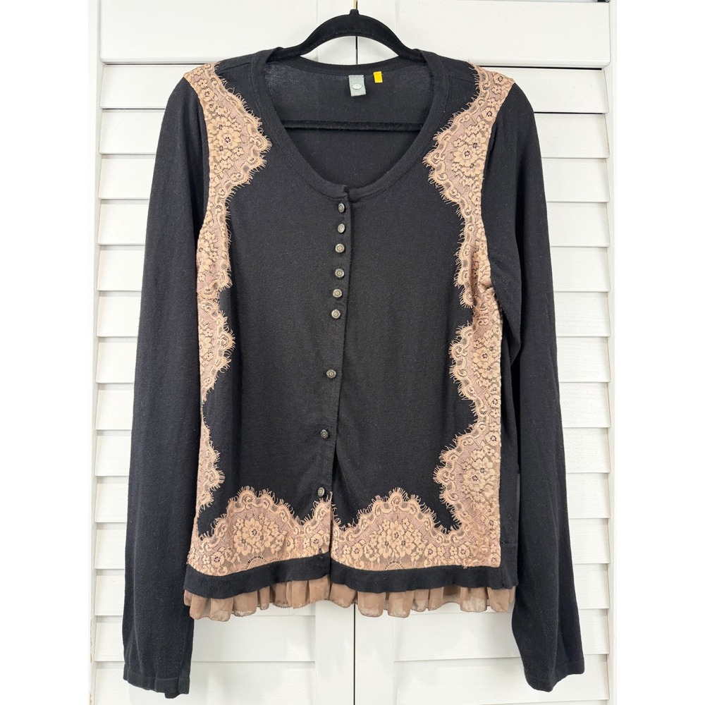Knitted & Knotted Anthropologie Cardigan Women L Black Lace Trim Button Front